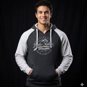 Lake Tahoe Graphic Raglan Hoodie in Charcoal & Light Gray